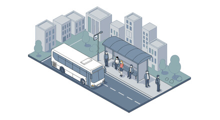 Isometric city scene with bus stop and commuters waiting in urban environment