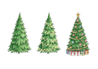 A triptych of watercolor christmas trees in three stages of decoration, from unadorned to fully decorated with lights, a star and gifts. Concept of holiday preparation