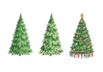 A triptych of watercolor christmas trees in three stages of decoration, from unadorned to fully decorated with lights, a star and gifts. Concept of holiday preparation