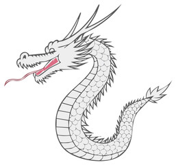 Majestic white Asian dragon with scales and a long tongue mythical creature illustration