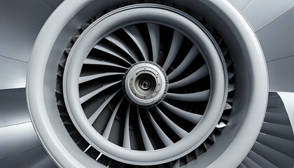 Closeup of a jet engine turbine fan with blades