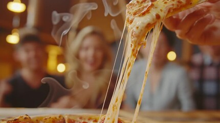 A close-up of a cheesy pepperoni pizza slice being lifted, with melted cheese stretching beautifully. Warm colors and a lively background evoke appetite and social dining.