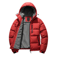 Red men's hooded winter puffer jacket with gray fleece lining on a white background, ghost mannequin style. E-commerce clothing advertising concept