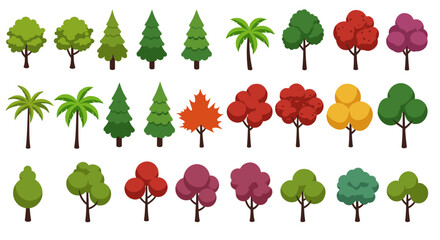 Diverse stylized trees collection in flat design featuring seasonal and tropical variations