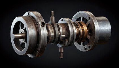 Intricate mechanical assembly with rotating parts and flanges