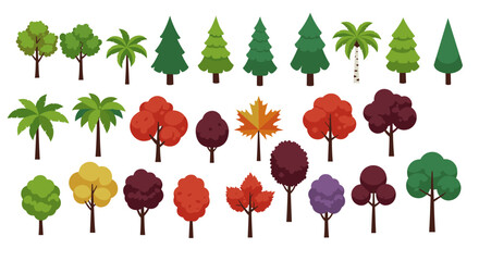 Diverse cartoon trees collection: seasonal variety in flat design
