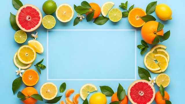 Vibrant Citrus Fruit Frame on Blue Background with Copy Space perfect for website banner, social media post, healthy food promotion, recipe book cover,