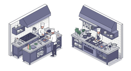 Modern isometric kitchen scene with chefs preparing dishes in professional setting