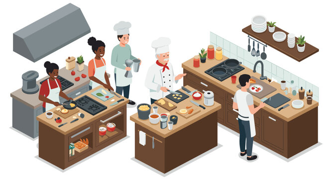 Isometric kitchen scene with chefs preparing gourmet dishes in modern culinary setting - Powered by Adobe
