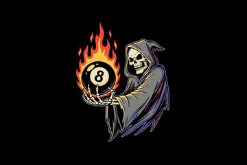 Grim Reaper Holding a Flaming Eight Ball.