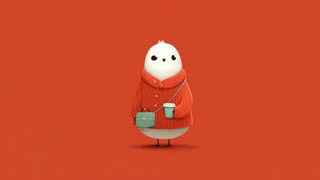 funny animal animation, cute cartoon style a white pigeon in red jacket with a hot cup of coffee 