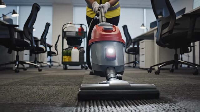 janitor vacuuming open office space, industrial cleaning process in modern office environment at night, custodial worker performing deep carpet cleaning during overnight shift in openplan
