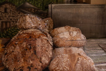 Loaves of Bread on Display at Bakery