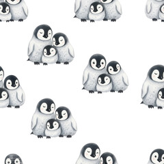 Adorable baby emperor penguin chicks in a watercolor seamless pattern with grey stars on a white background. Gentle nursery decor atmosphere