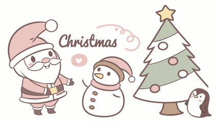 Cute cartoon Christmas poster with Santa, snowman, penguin, and Christmas tree, pastel colors, text ‘Merry Christmas’, isolated on white background