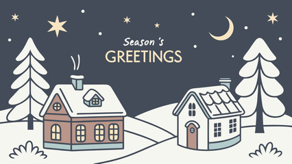 Flat vector Christmas poster with skyline of winter village, stars, and snow, text ‘Season’s Greetings’