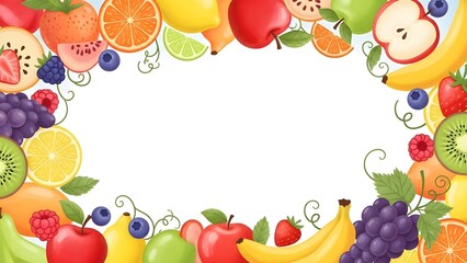 Vibrant Fruit Border Frame with Copy Space perfect for website banner, menu template, recipe card, health campaign, children's book, food blog, flyer,