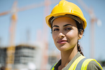 A close-up portrait of a smiling female engineer or architect in a yellow safety helmet and vest. Construction site with cranes under a clear sky. Professional woman in construction.