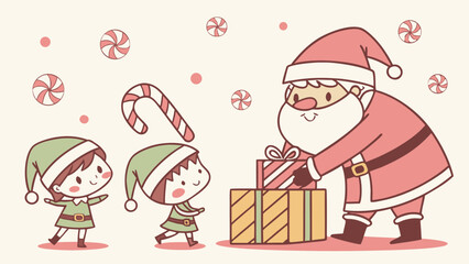 Kids Christmas poster with cute Santa and elves, candy canes, presents, colorful pastel tones, playful design