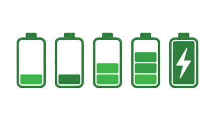 Fototapeta premium Five green battery icons showing different charge levels from low to full with a lightning bolt icon
