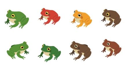 Naklejka premium Colorful frog collection: green, red, orange, brown amphibians in flat design