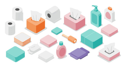 Isometric hygiene essentials: tissue, sanitizer, and bathroom supplies in pastel colors