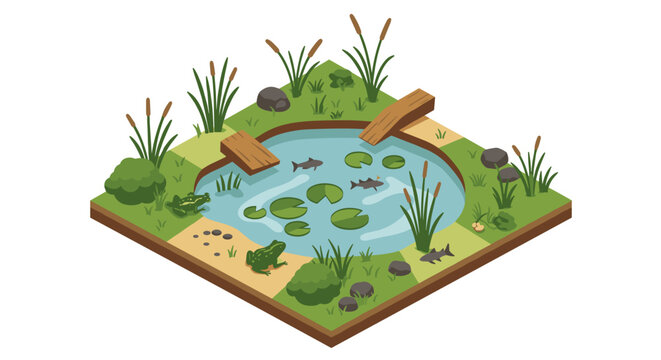 Isometric pond with frogs, fish, and water lilies in a natural habitat scene