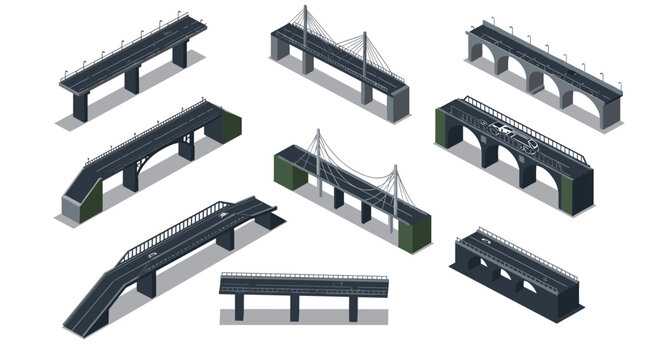Variety of bridges in isometric style featuring arched and cable-stayed designs