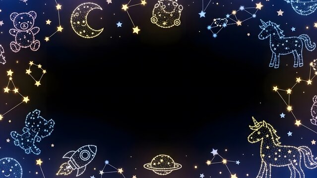 Magical Night Sky Border with Glittery Unicorns, Bears, and Stars perfect for children's party invitation, baby shower card, nursery decor, digital background,