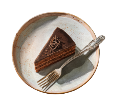 PNG Delicious chocolate cake slice illustration.