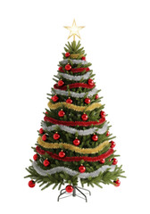 Classic christmas tree with red baubles and a gold star on a transparent background with ample copy space. Festive holiday season concept