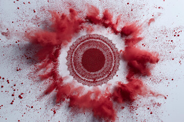 Decorative red powder mandala captured in a dynamic explosion of pigment. Vibrant, abstract composition with swirling particles and intricate circular patterns. Perfect for design and creative project