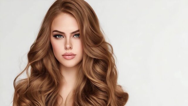 pretty Caucasian girl with brunette hair light make up standing with plain white background 