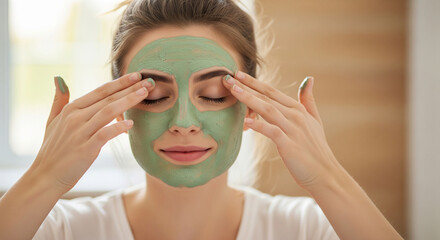 Young woman moisturizing her face with a facial mask close-up, beauty and skincare concept