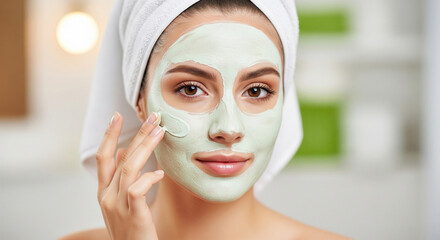 Young woman moisturizing her face with a facial mask close-up, beauty and skincare concept