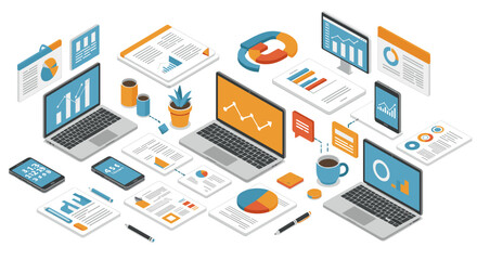 Obraz premium Isometric office workspace with laptops, charts, and gadgets for business analysis