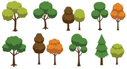 Colorful cartoon trees set with various shapes and seasonal foliage