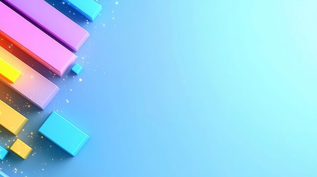 Abstract composition of colorful rectangular blocks and cubes arranged diagonally on a gradient blue background, with small golden sparkles scattered around.