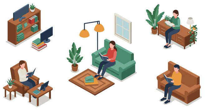 Isometric cozy home office and reading spaces for remote work and relaxation