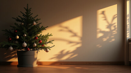Small Potted Christmas Tree with Ornaments Casts a Long Shadow on a Sunlit Interior Wall: Minimalist Holiday Scene