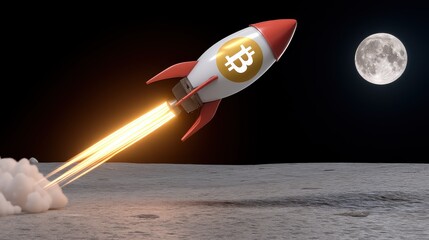 Rocket launching with bitcoin symbol moon surface digital art outer space dynamic scene