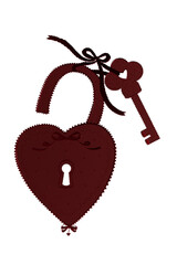 Embossed dark red heart lock frame with keys and ribbon on transparent background. Ideal for symbolic love projects, Valentine designs, greeting cards, and romantic digital art.