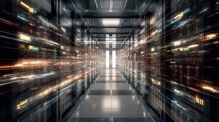 Step into the future with this cutting-edge server room, data streams flowing, providing high performance computing for innovative solutions and technologies