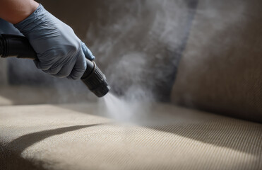 A close-up shot captures a hand in a grey glove using a steam cleaner nozzle on a beige sofa cushion. Steam is visibly rising from the fabric. Professional upholstery cleaning. Sanitation service.