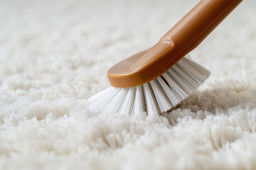A close-up shot captures a round vacuum cleaner brush cleaning a thick, white shaggy rug. The brush bristles are visible, emphasizing the process of cleaning. Home hygiene. Domestic cleaning.