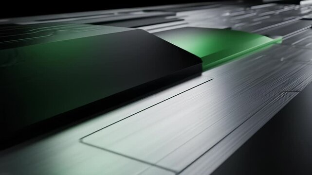 High quality computer keyboard with green glow and laptop screen, arranged on metal surfaces to represent innovation, technology, and forward thinking problem solving concepts.
