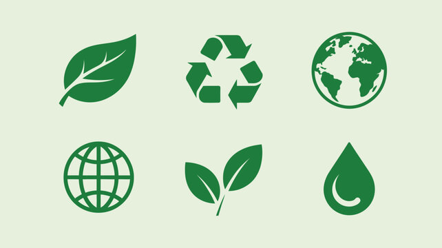 A set of green ecological icons including leaves globe recycle symbol and water drop on a light background