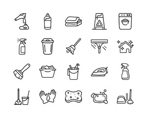 Comprehensive collection of linear cleaning service icons, featuring essential household tools and supplies for domestic tasks and hygienic maintenance. Vector, illustration