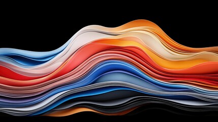An abstract background composed of multiple layers of colorful paper or fabric, curved into flowing wave-like shapes against a black backdrop. The colors transi