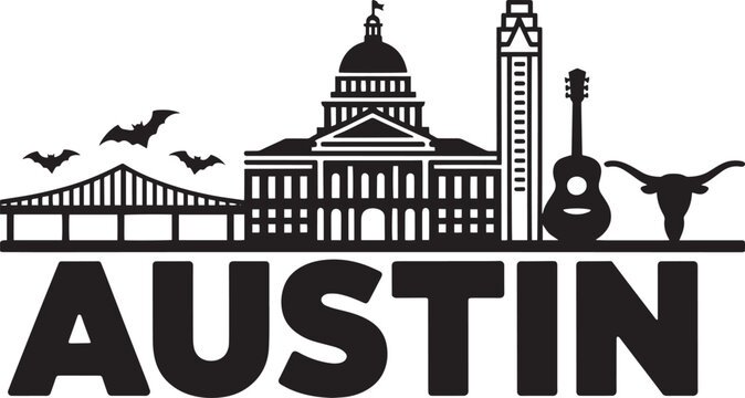 Austin texas skyline vector silhouette city building landmark capital longhorn guitar